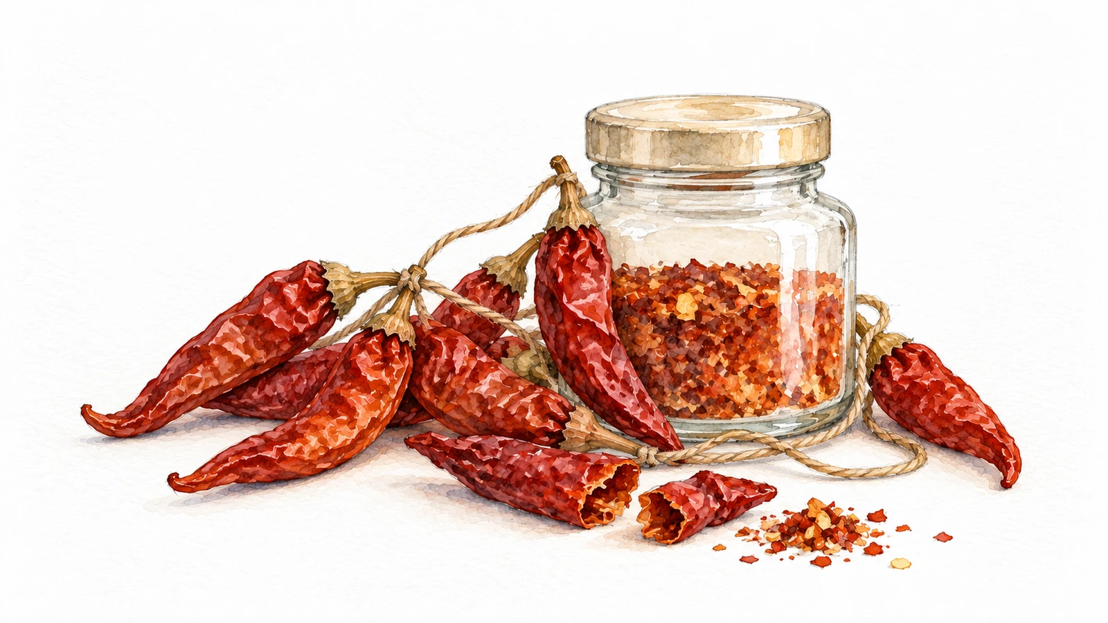 Akvarell med synliga blyertsstreck: torkade röda chilifrukter och ett löst snöre ligger i en hög runt en glasburk med chiliflingor, med en bruten chilifrukt framför på vitt papper.